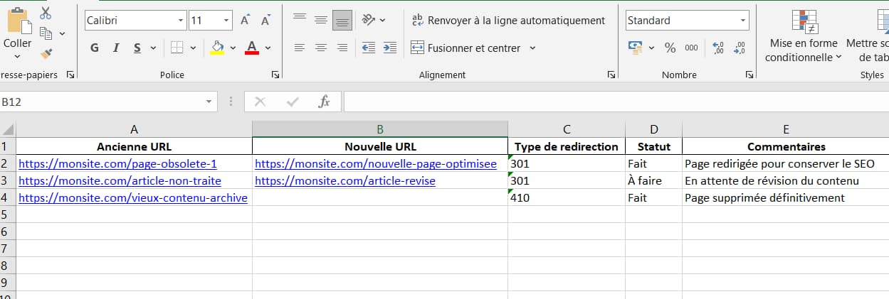 Tableau plan de redirection